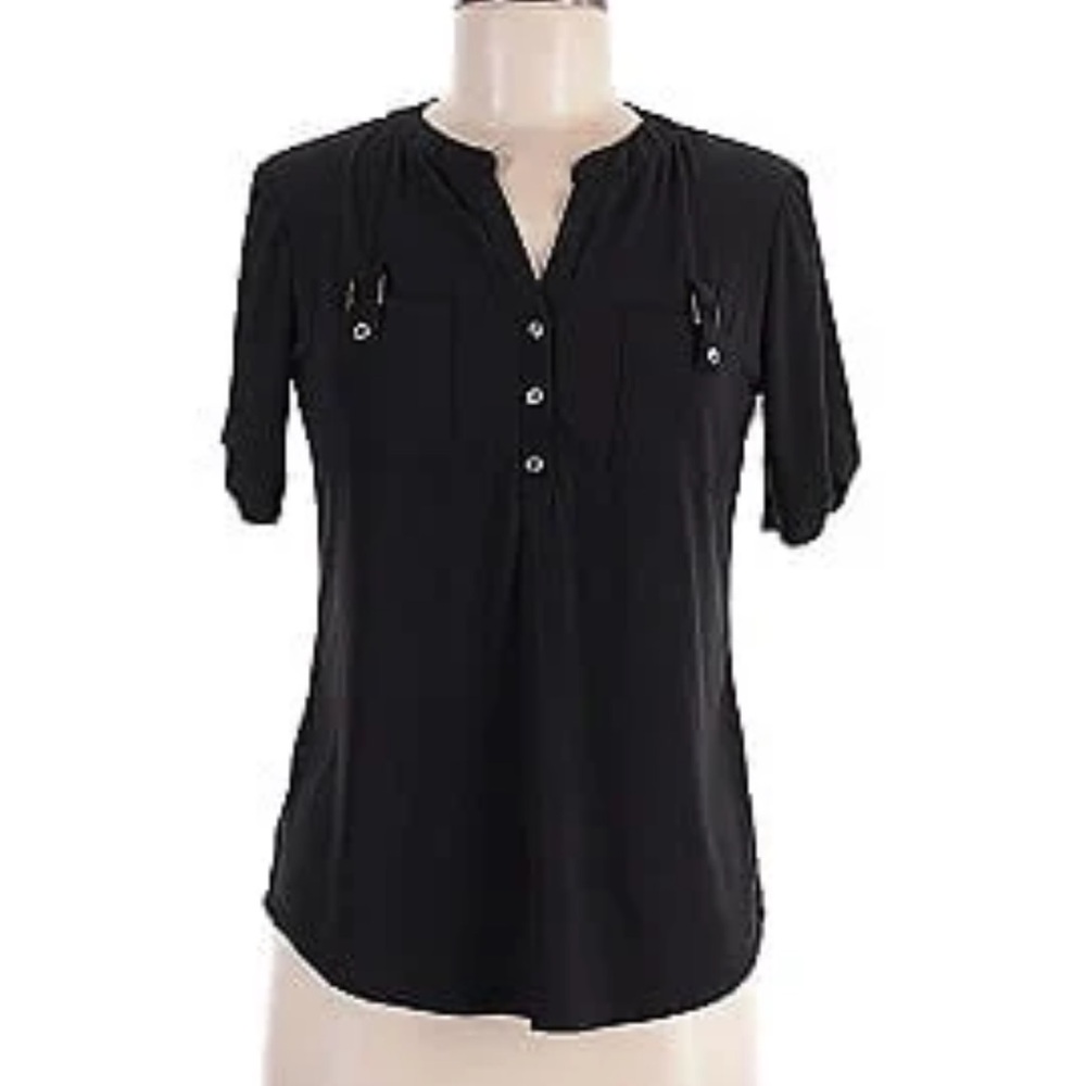 Perceptions Black Buttoned Blouse with Mandarin Collar